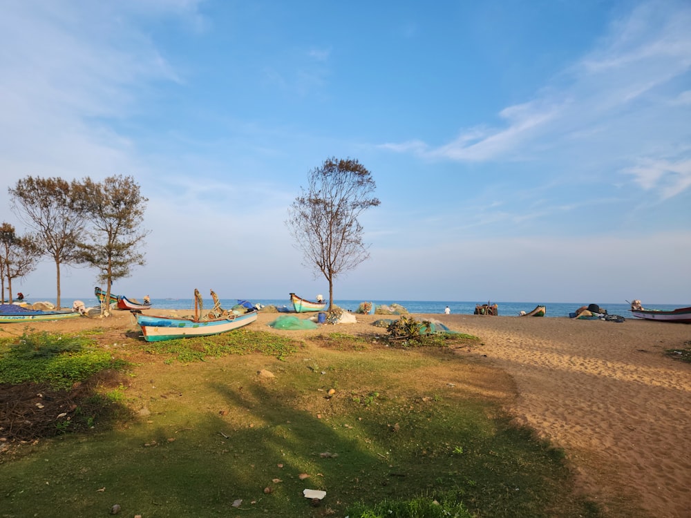 a group of boats sitting on top of a sandy beach