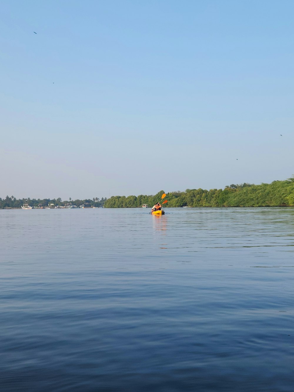 una persona che rema in kayak su un lago calmo
