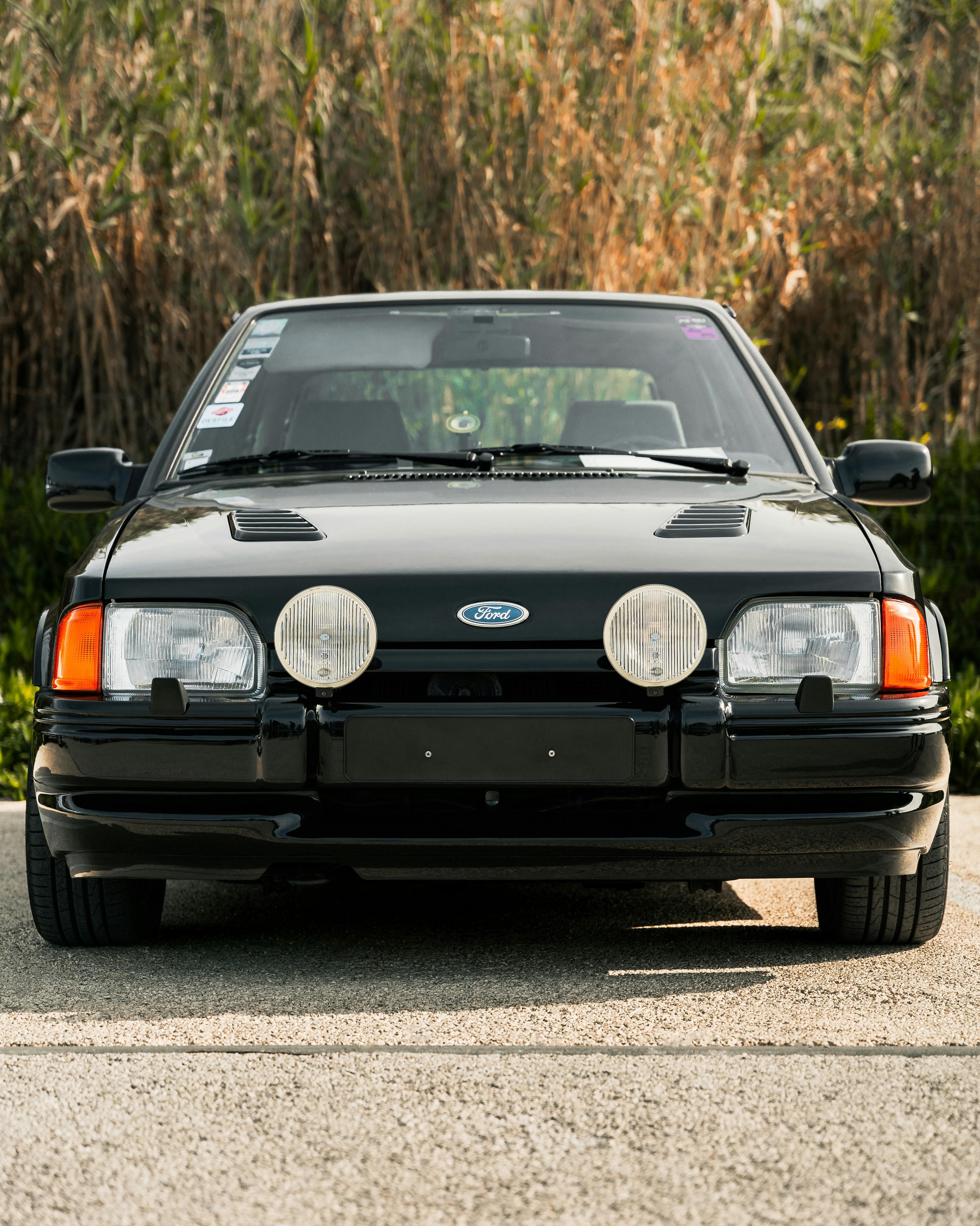 a black car parked in front of a bush