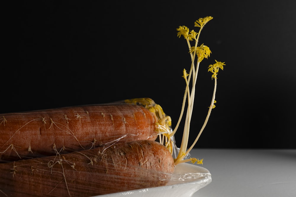 a couple of carrots sitting on top of a white plate