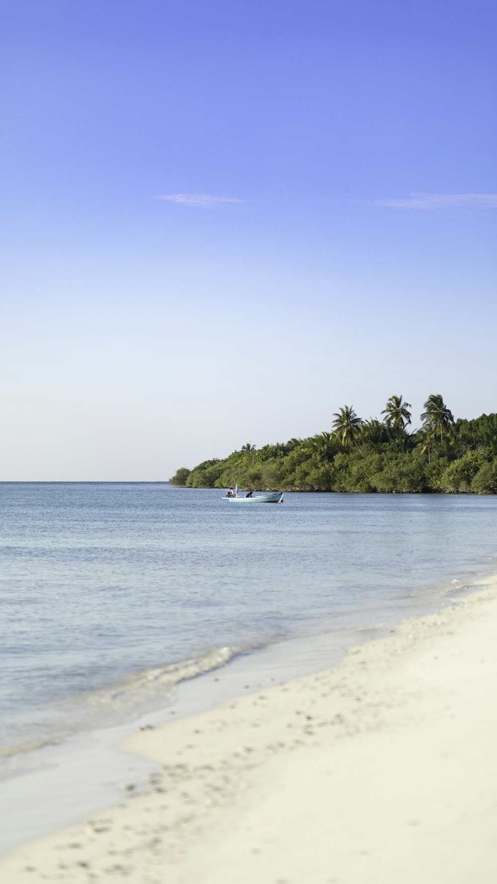 a boat is out on the water near a beach