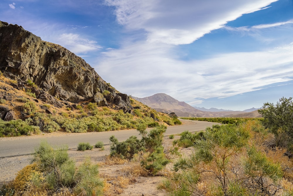 a scenic view of a desert road with a mountain in the background