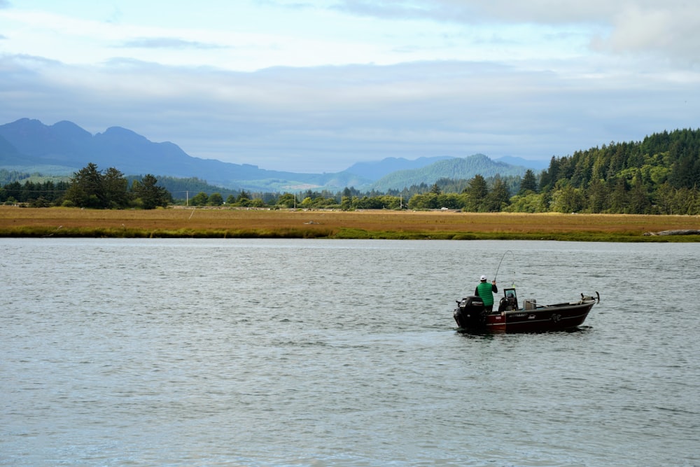 two people in a small boat on a lake