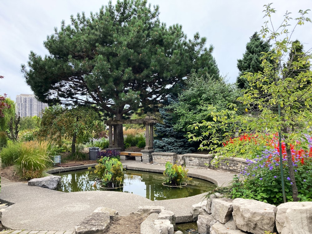 a pond surrounded by trees and flowers in a park