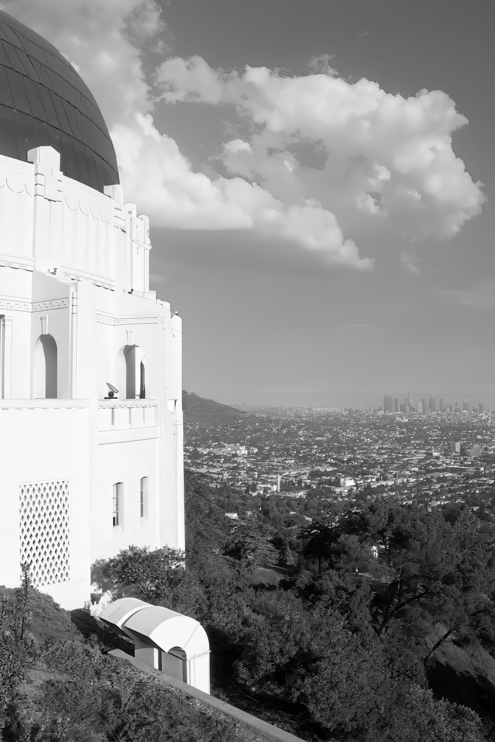 a black and white photo of a building with a dome