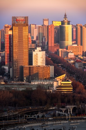 a view of a city with tall buildings