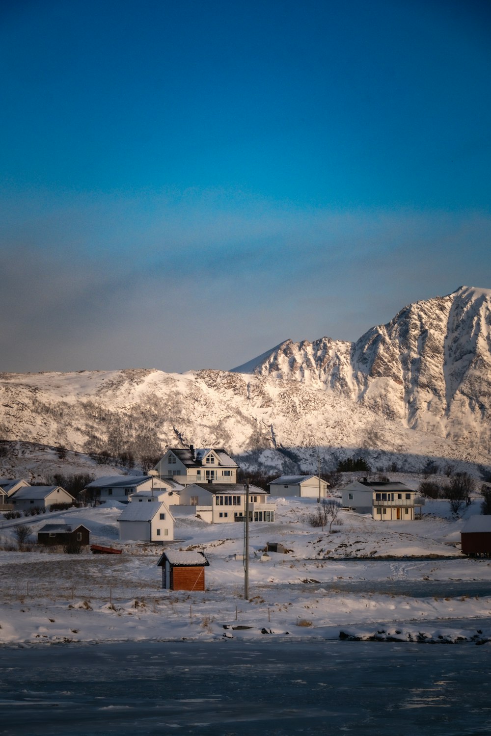 a snowy landscape with a mountain in the background