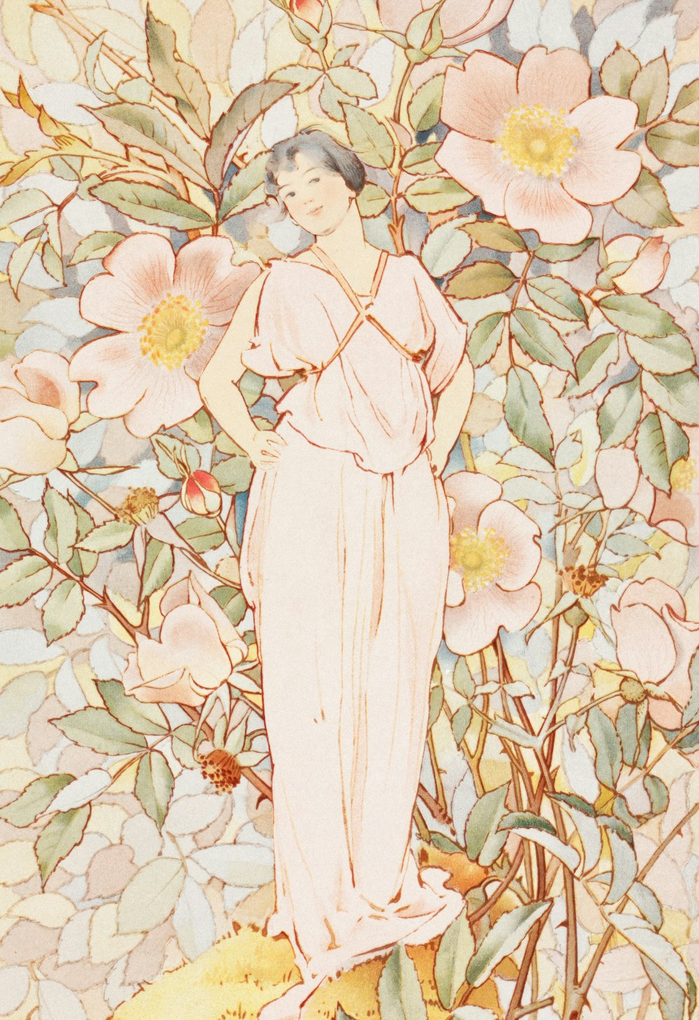a painting of a woman standing in front of flowers