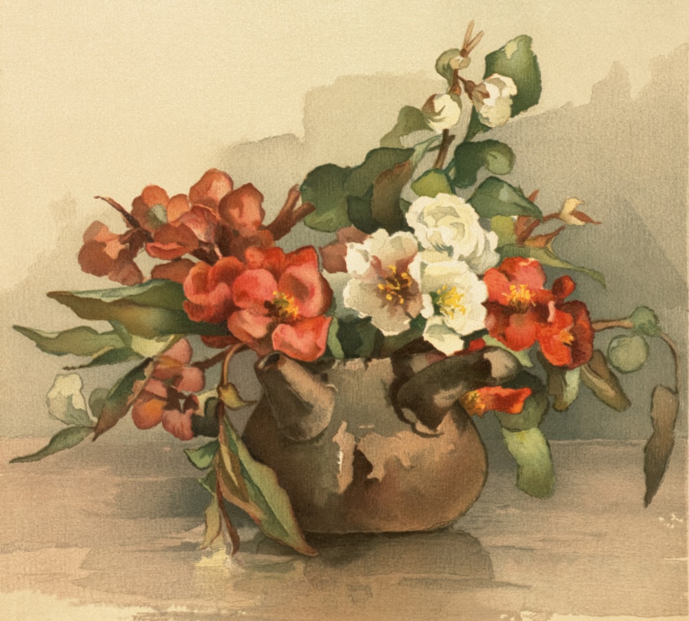 a painting of flowers in a vase on a table