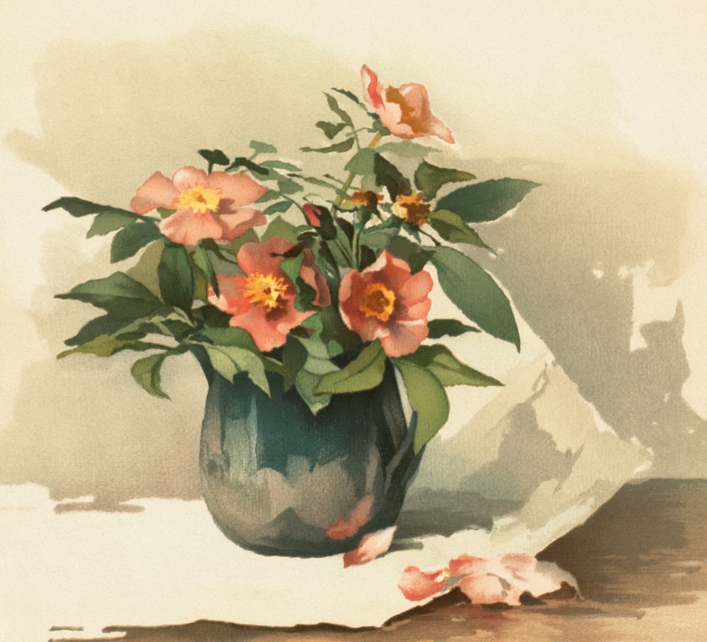 a painting of flowers in a vase on a table