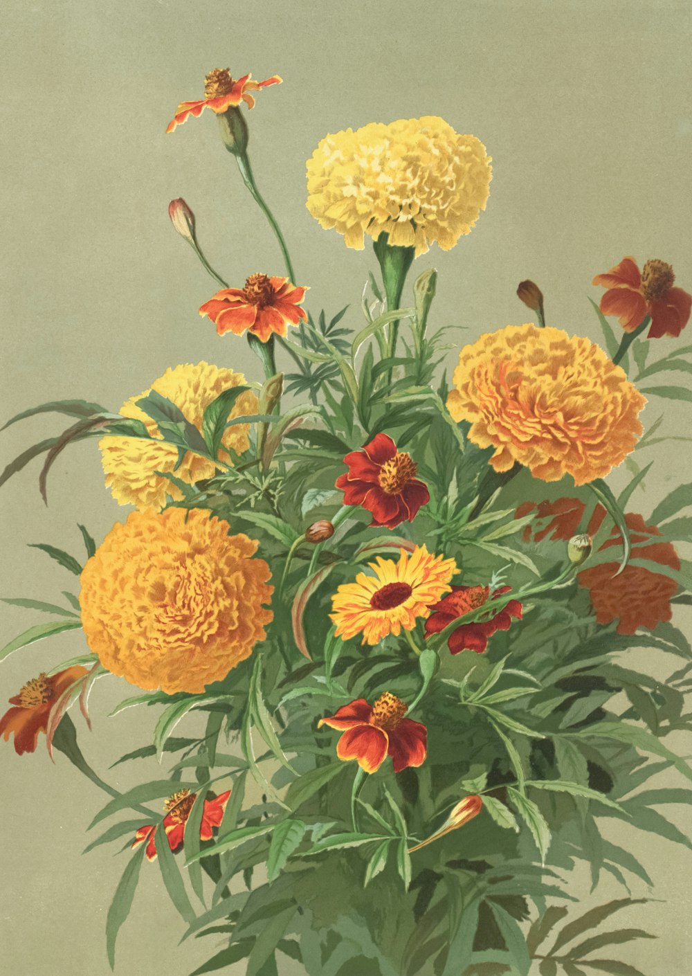 a painting of yellow and red flowers in a vase