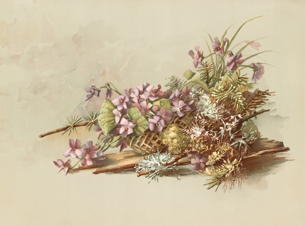 a painting of a bunch of flowers on a branch