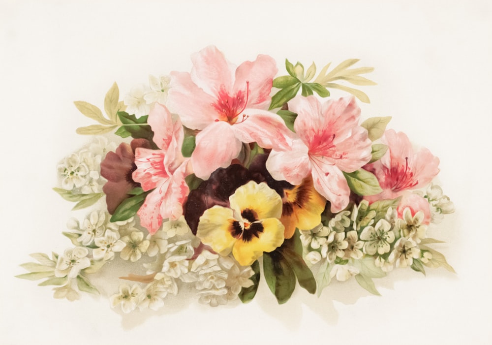 a painting of a bouquet of flowers on a white background