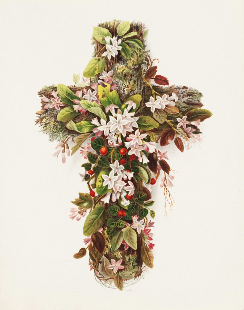 a cross decorated with flowers and leaves