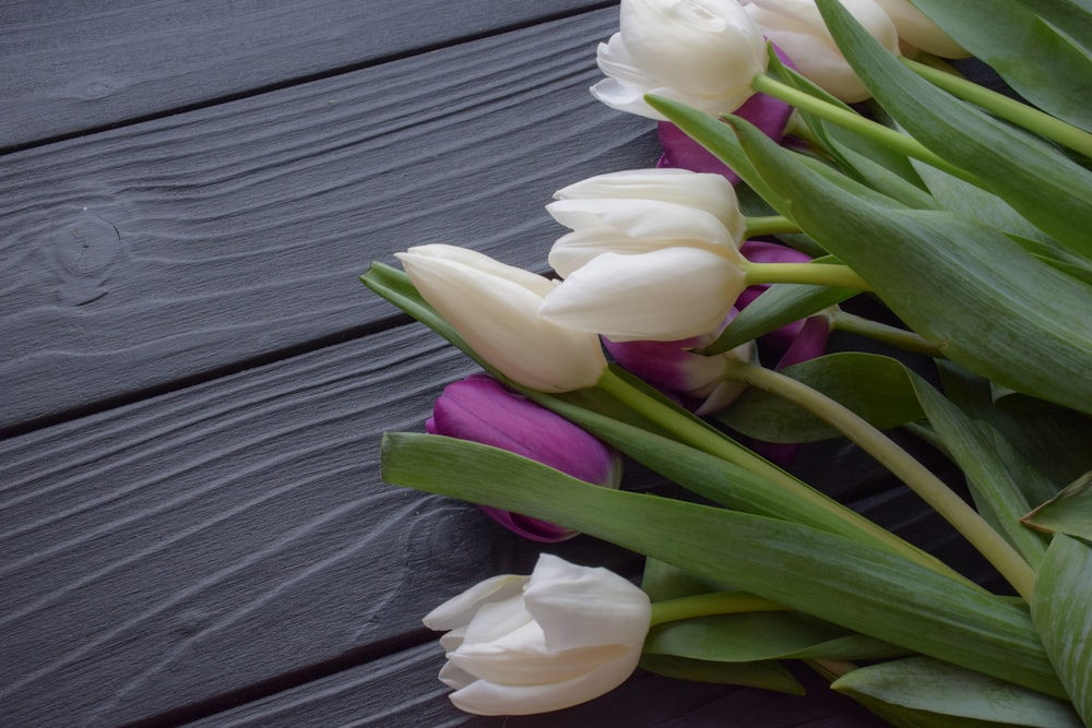 a bunch of white and purple flowers on a table