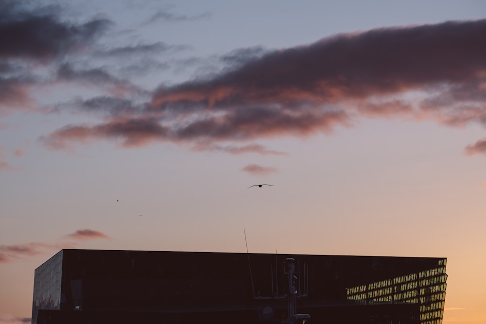 a plane flying in the sky over a building