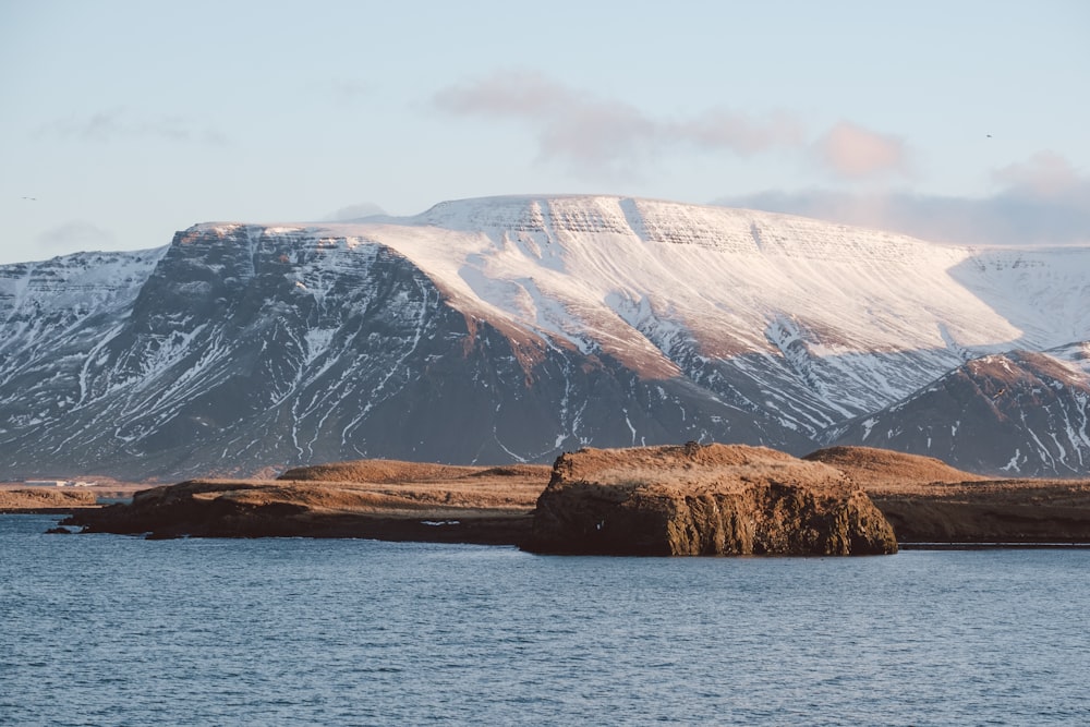 a mountain with snow on it and a body of water in front of it