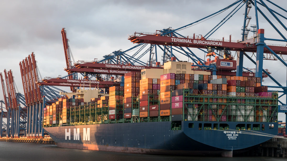 Large container ship loaded with stacked shipping containers crossing the sea on the China-Germany freight route