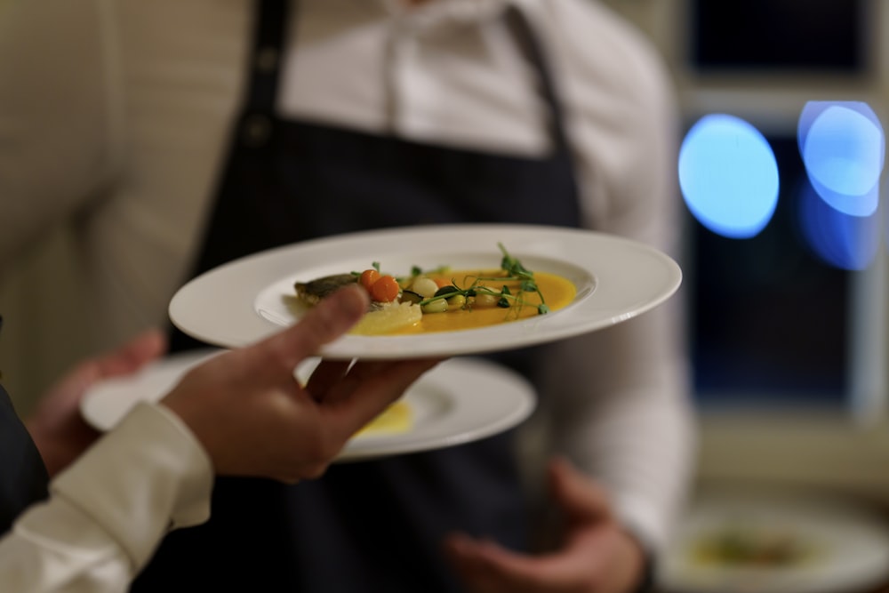 a person holding a plate with food on it