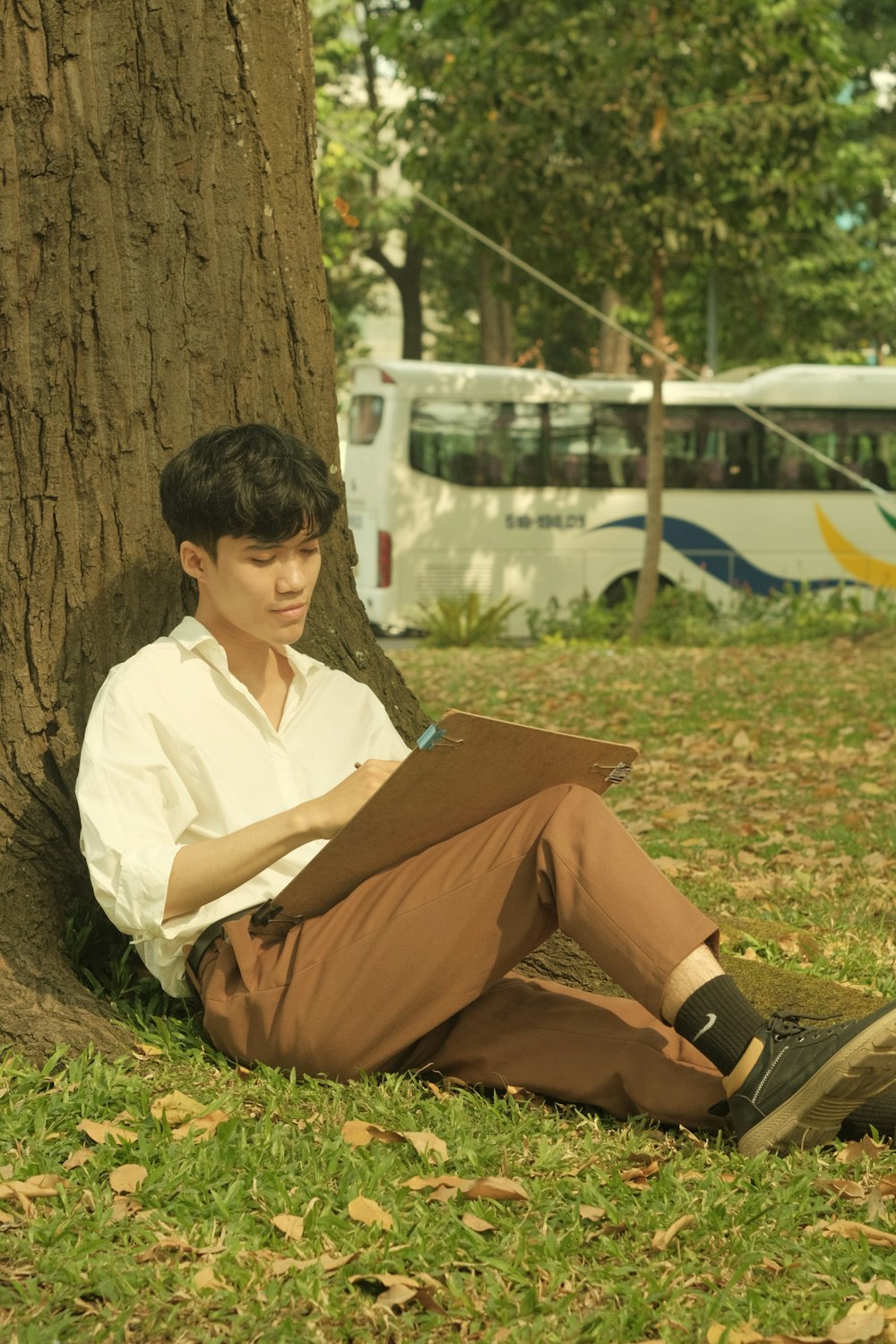 a young man sitting under a tree with a laptop