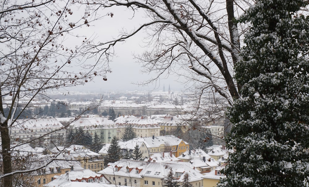 a view of a snowy city from a hill
