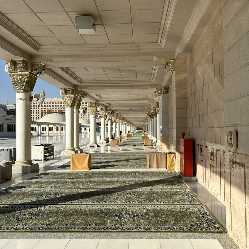 a long hallway with columns and a rug on the floor