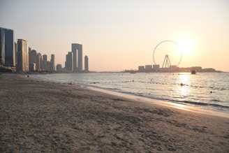 a beach with a ferris wheel in the background