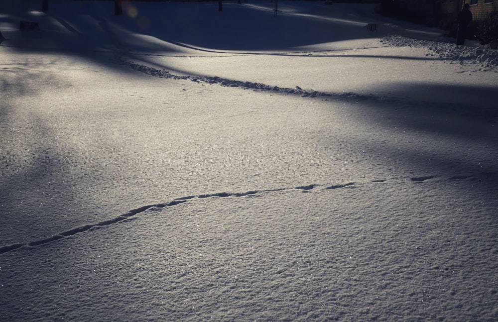 a trail in the snow with a house in the background