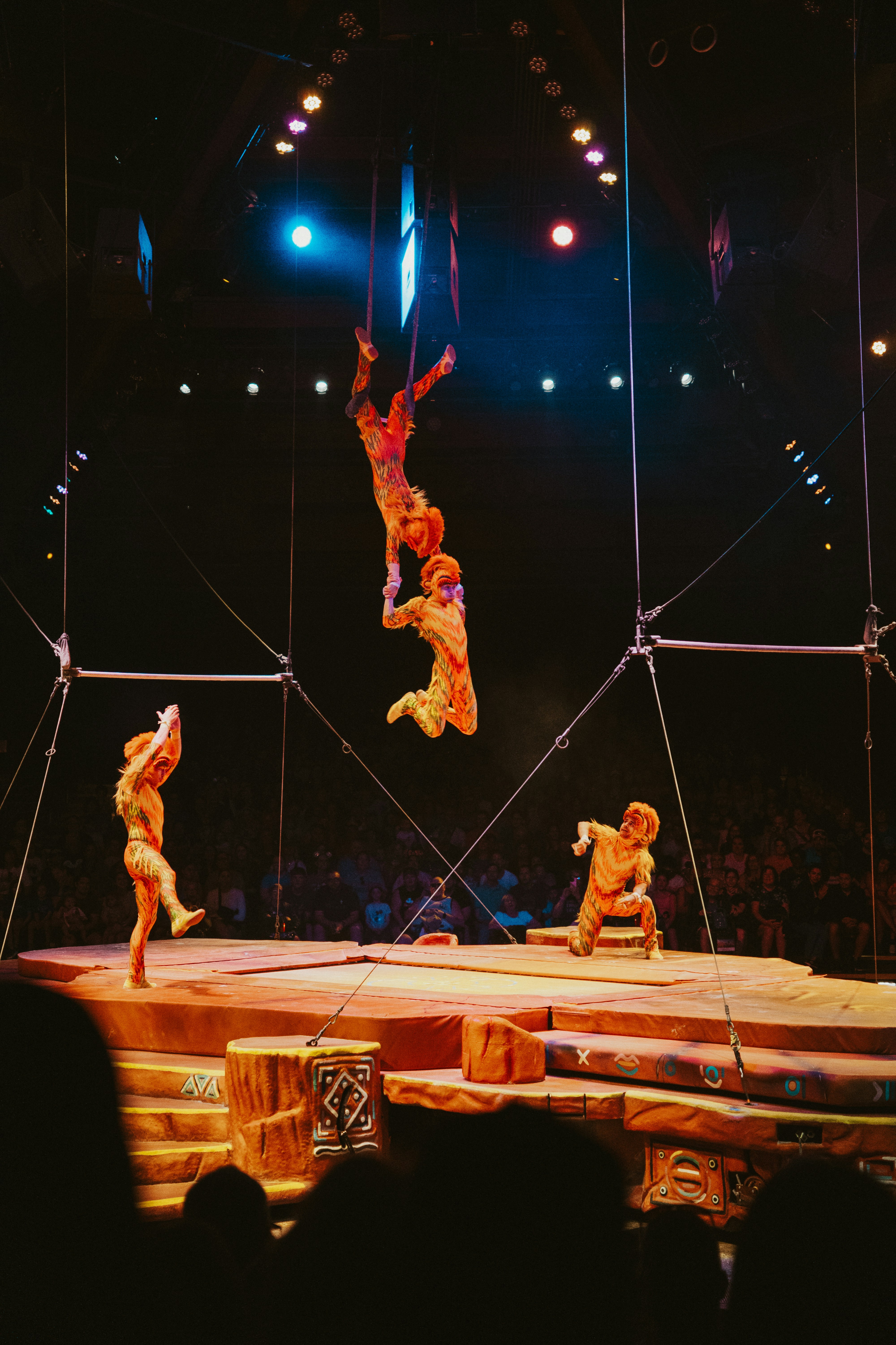 Spectacular aqua theater show with acrobats performing above water pool and dramatic lighting