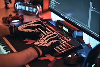a person wearing a skeleton glove typing on a keyboard