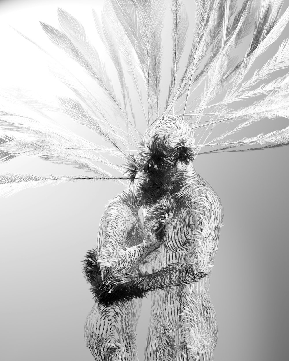 Una foto en blanco y negro de un hombre con plumas en la cabeza