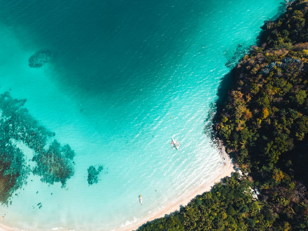 an aerial view of a beach with people in the water