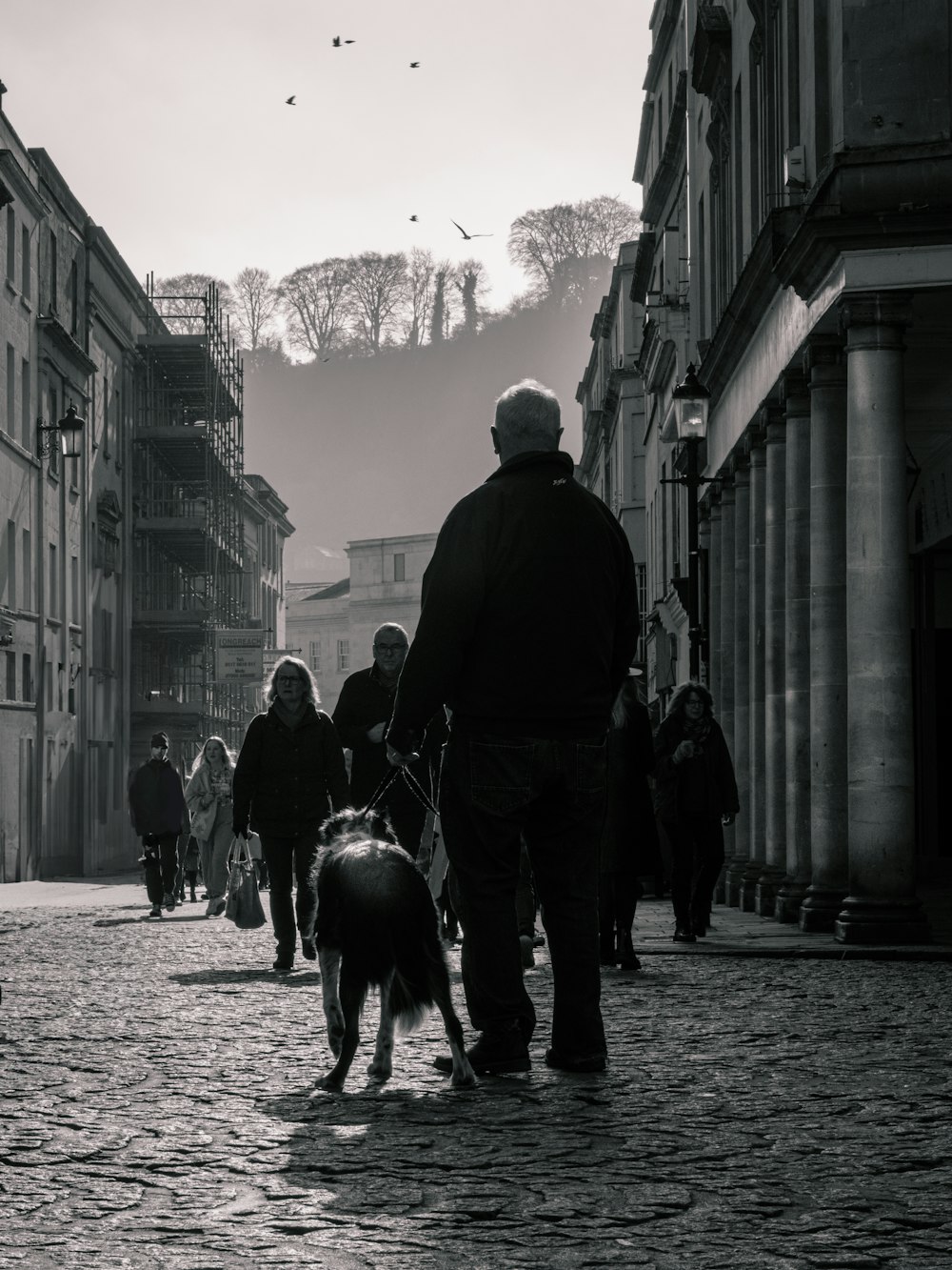 a man walking a dog down a cobblestone street