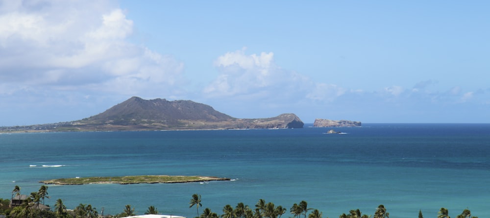 an island in the middle of the ocean surrounded by palm trees