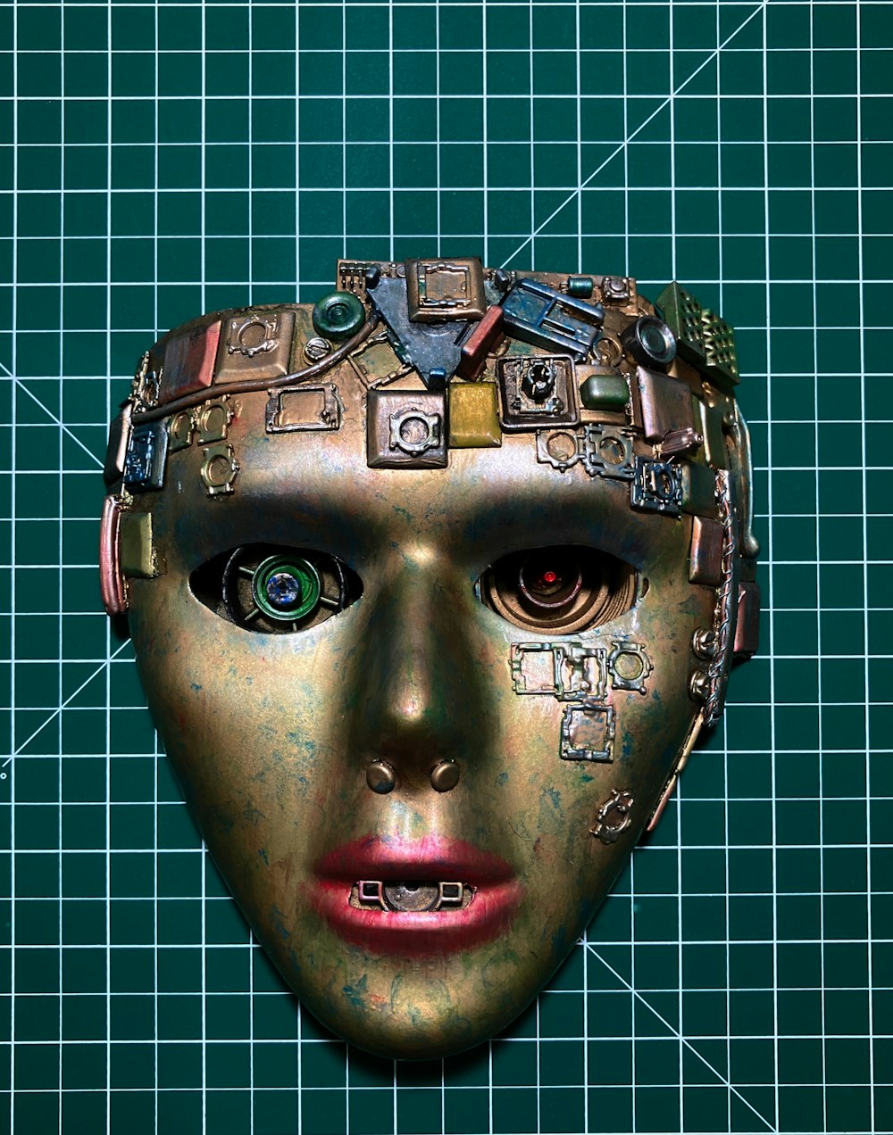 a metal mask with a green grid background