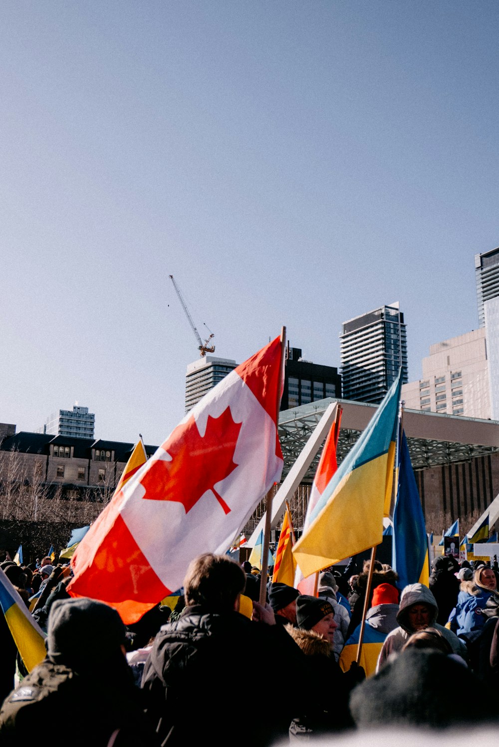 a crowd of people holding canadian and canadian flags