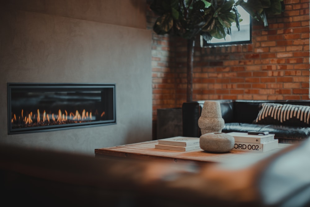 a living room with a fire place and a couch