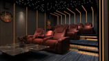 a room filled with red chairs and a table