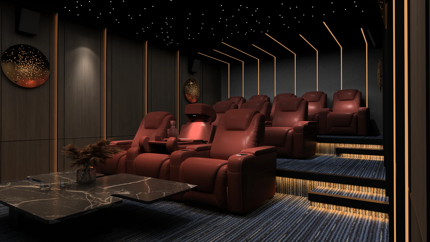 Dedicated home cinema with tiered leather recliners, star-field ceiling, and cove lighting