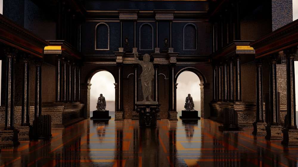 a very large room with a statue in it