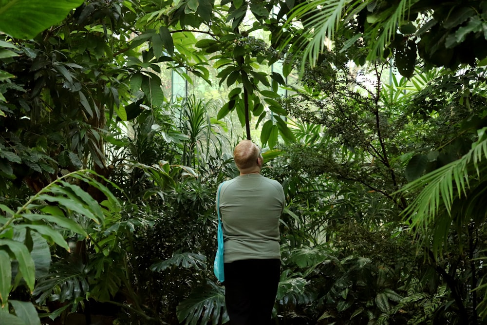 a woman walking through a lush green forest