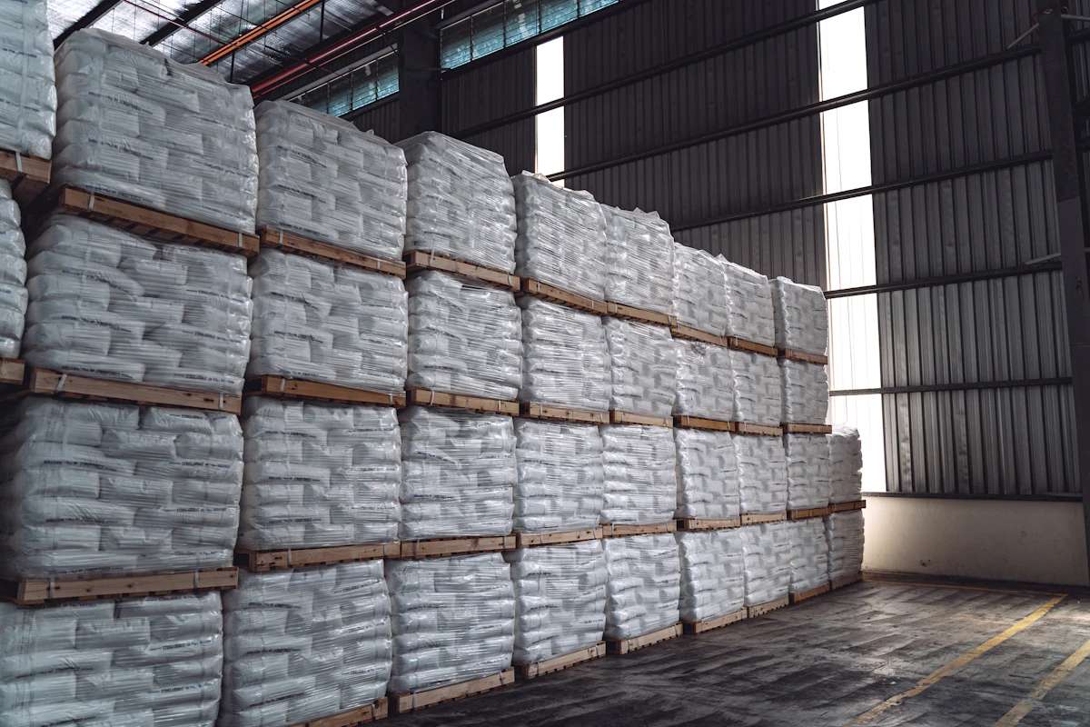 Warehouse stacked with bagged goods