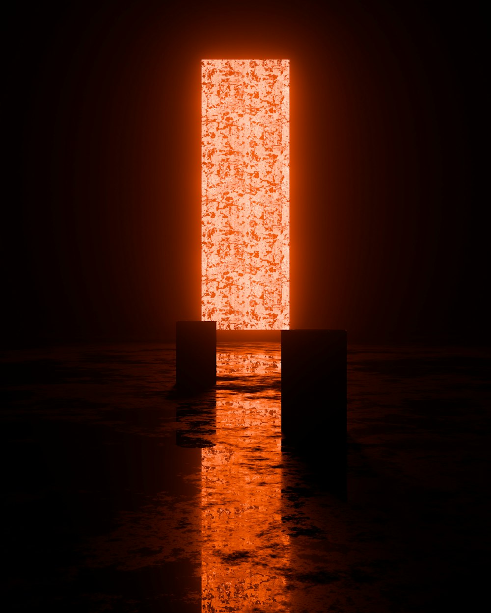 a large orange light shining in a dark room