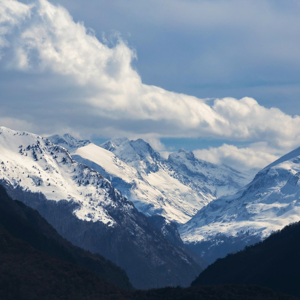 a mountain range with snow covered mountains in the background