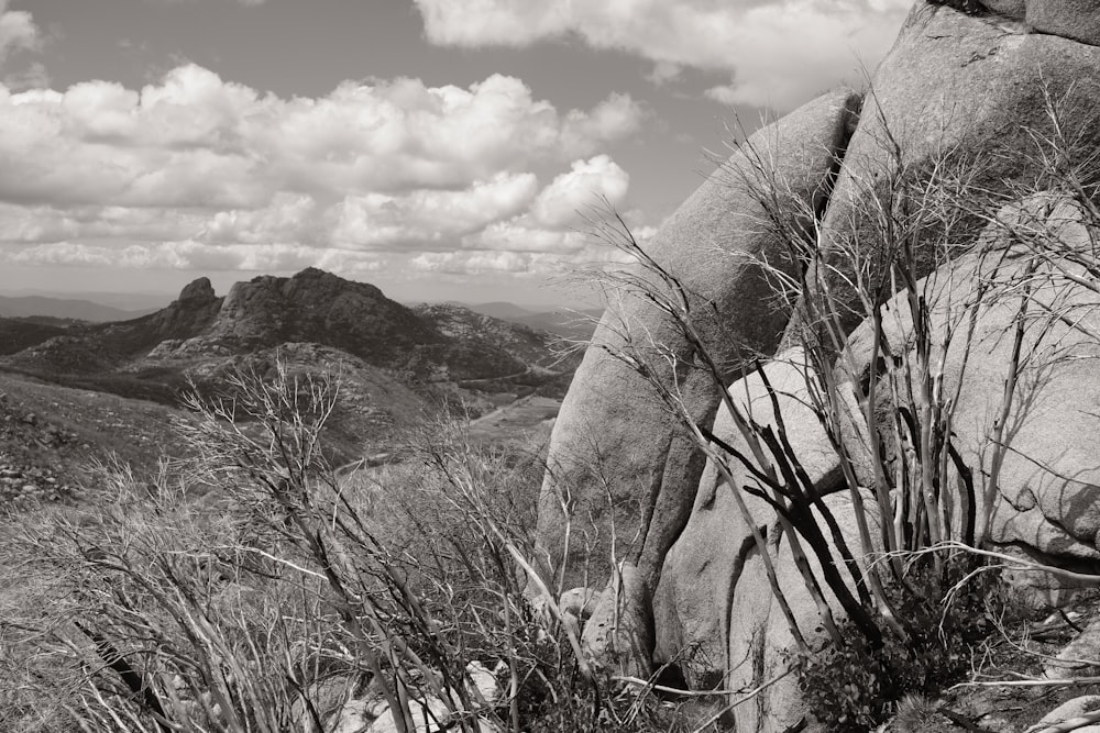 a black and white photo of a mountain range