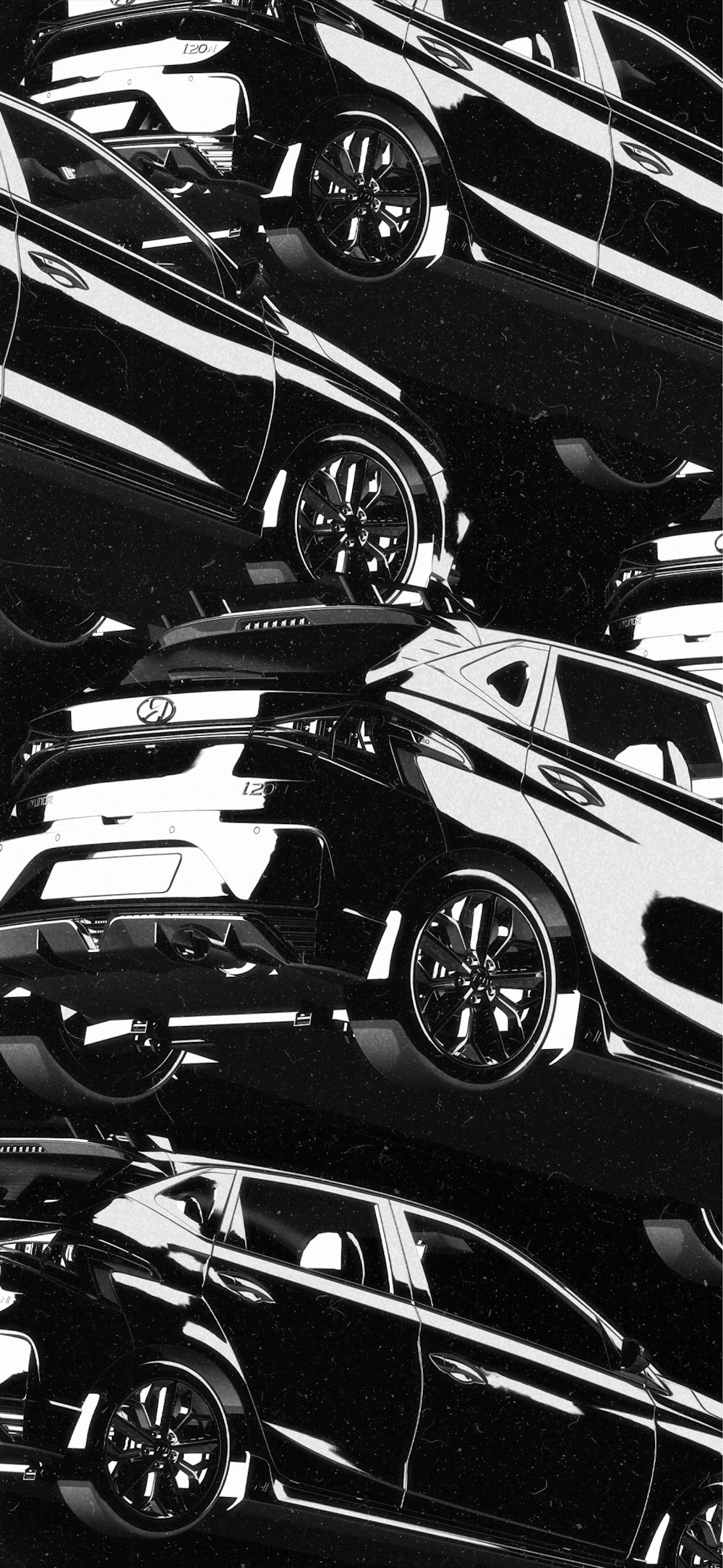 une photo en noir et blanc d’un tas de voitures