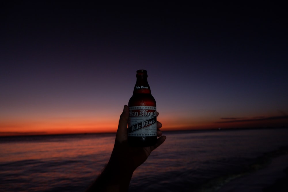 a person holding a beer bottle in front of a sunset