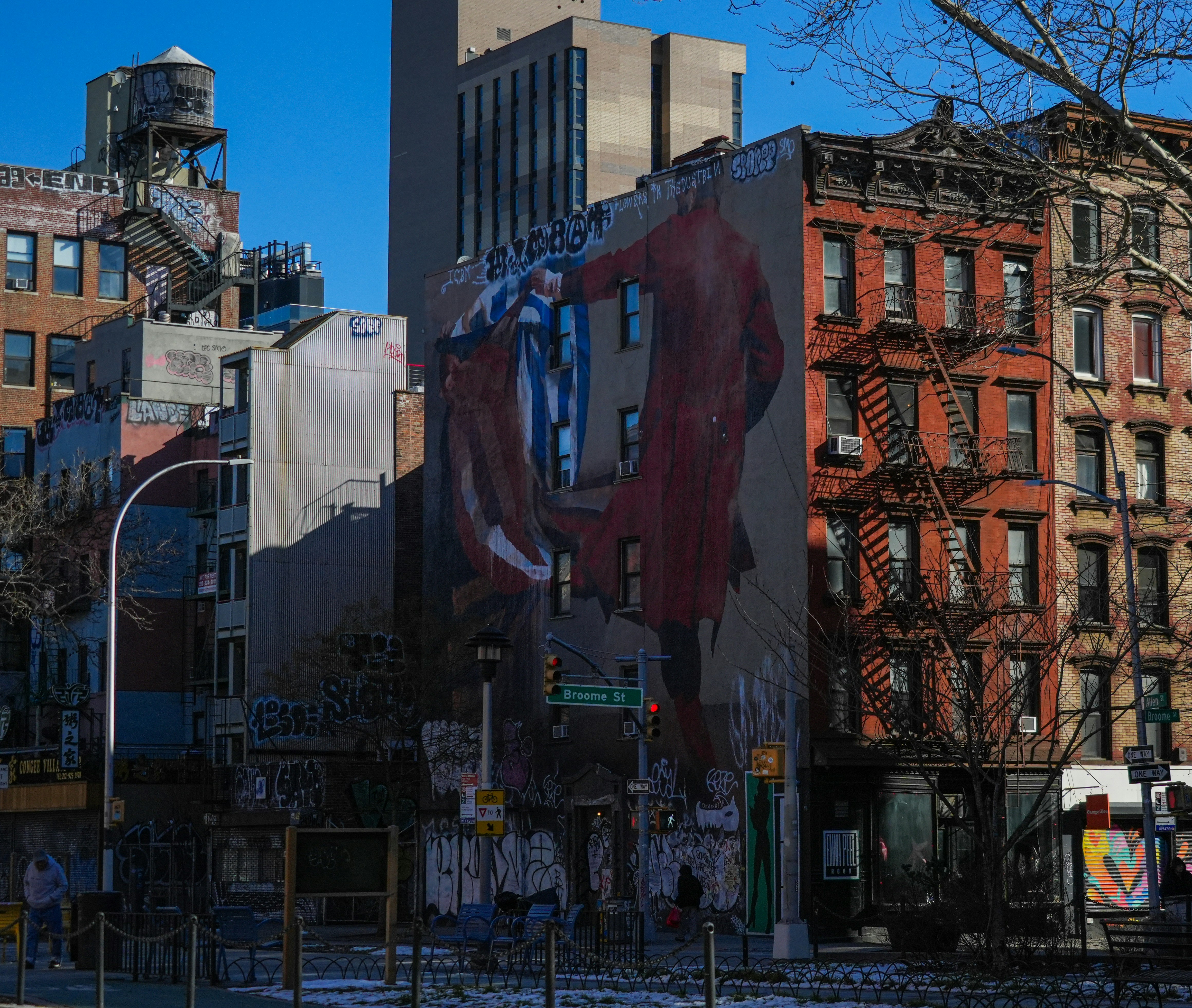 a large building with a mural on the side of it