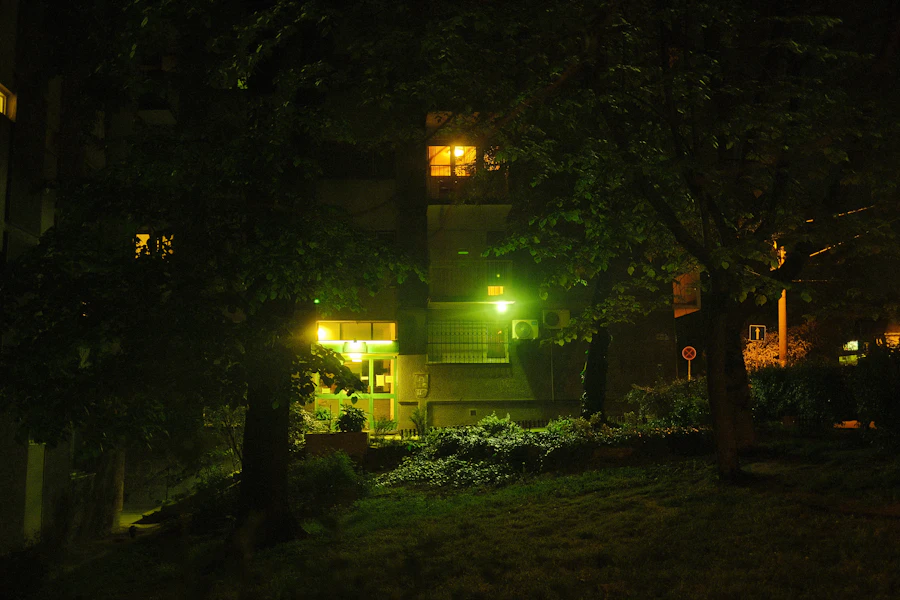 A garden and block of flats lit green at night