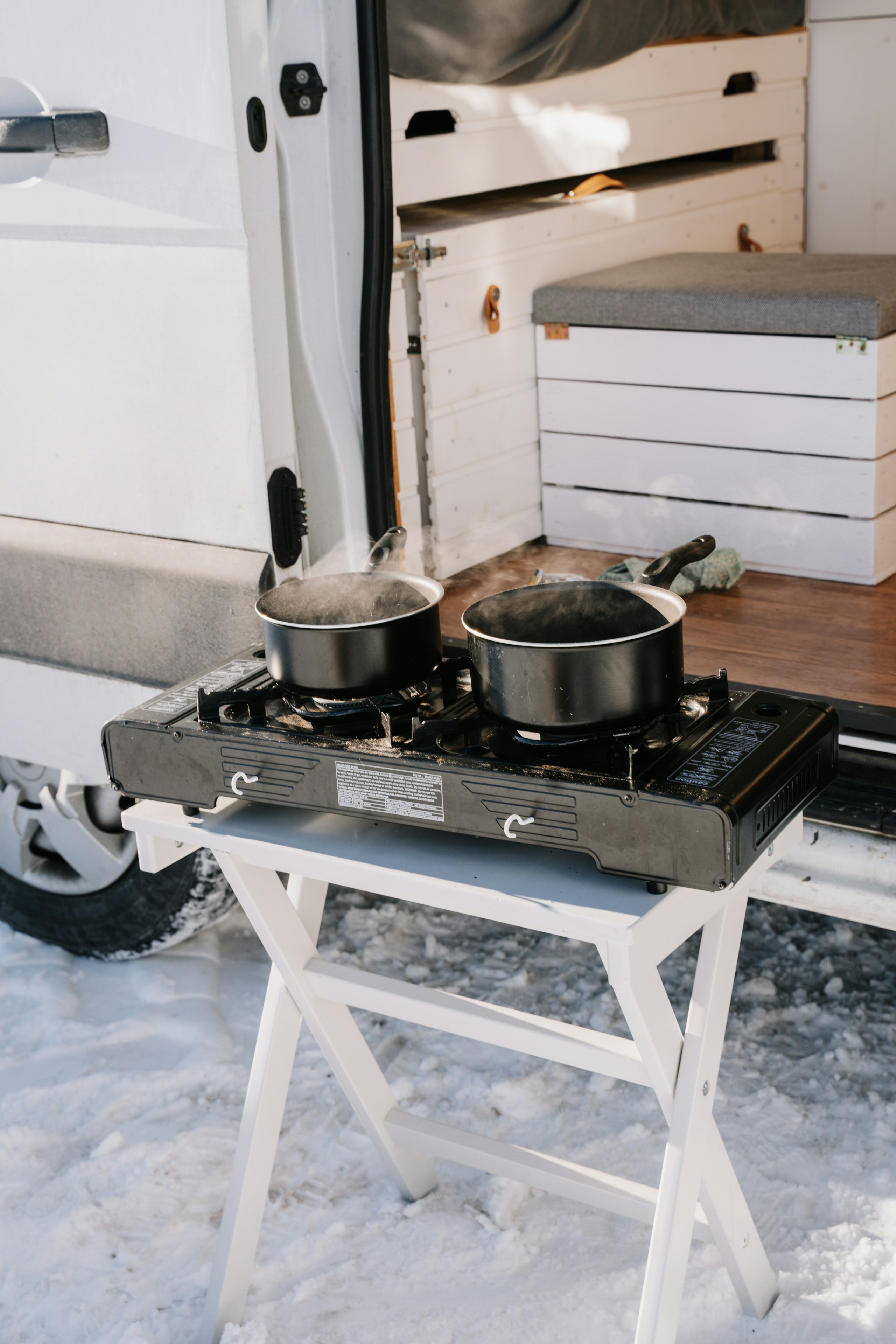 A camper with two pots and pans on the stove photo Free Snow Image on